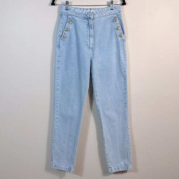 Zara Light Wash Blue Flat Front Denim Jeans Gold Button Casual Women Size Medium - Picture 1 of 7